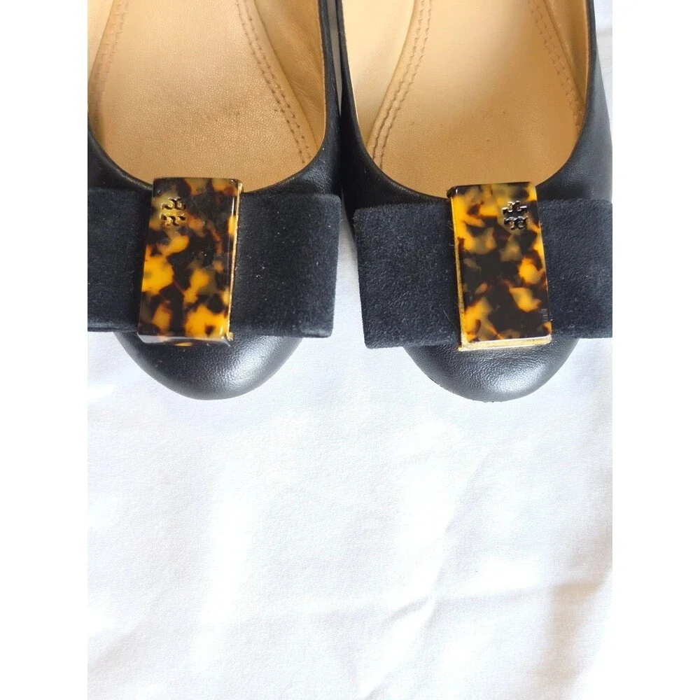 Tory Burch Black Leather Ballet Flats Suede Bow Tortoise Accent Women's 7.5M